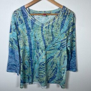 Before and Again Womens Signature Top Sz XL V Neck 3/4 Sleeve Blue Abstract USA